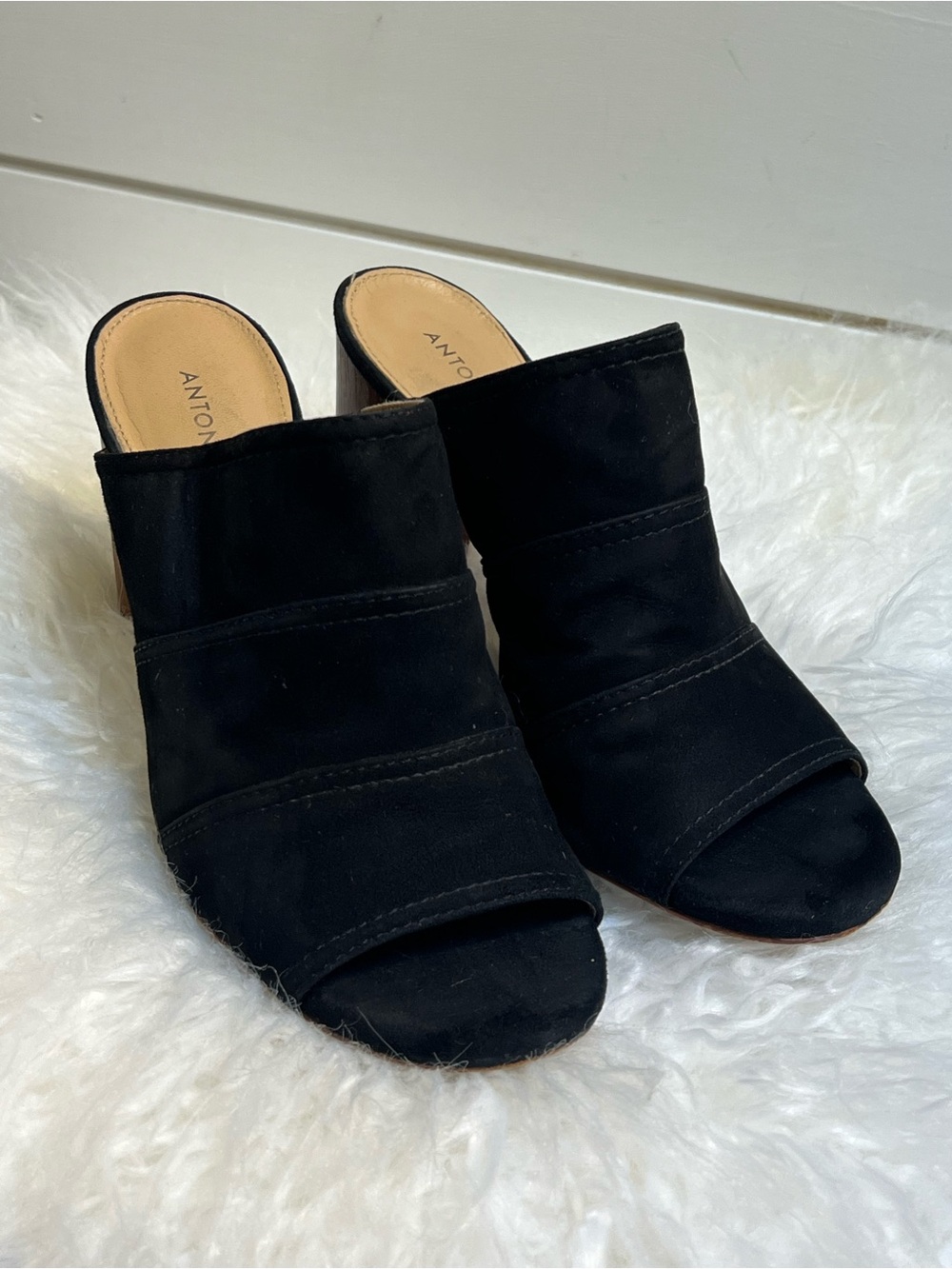 ANTONIO MELANI Black Suede Peep-Toe Mules